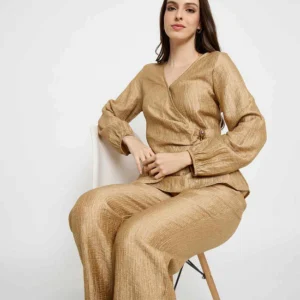 madame tie knot top and straight bottoms golden yellow co ord set